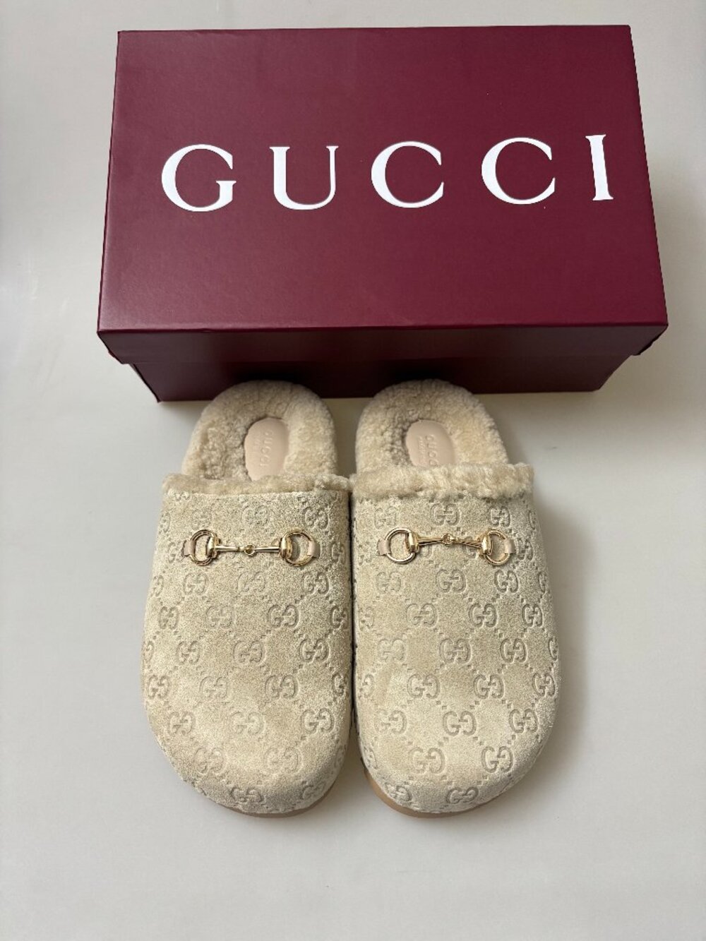 Brand New Gucci GG Suede Horsebit Mules